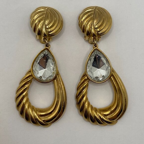 Vintage Gold Tone Dangling Earrings with Clear Stone - Picture 5 of 12